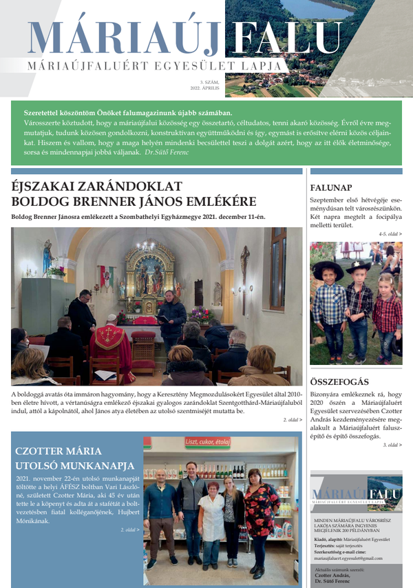 Máriaújfakuért egyesület lapja 2022. április 3. szám