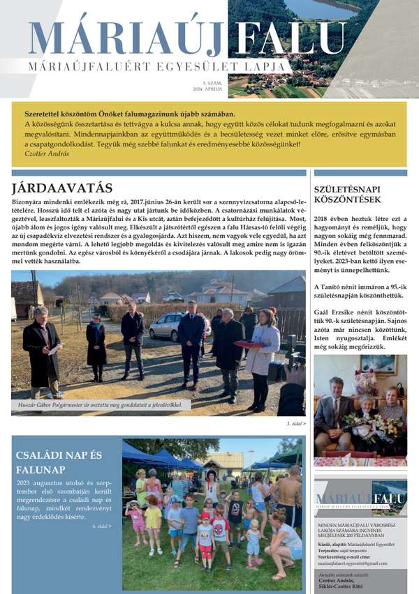 Máriaújfakuért egyesület lapja 2024. április 5. szám